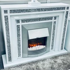 ASR INTERIOR Lucy Crushed Diamond White Mirrored Fire Place FIREPLACE/FIRE SURROUND
