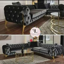 FURNITIURE IMPORT Hermes Corner 270cm X 270cm Black Velvet DUBAI SOFA COLLECTION
