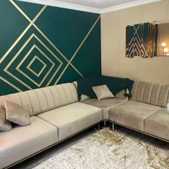 TURKISH Genova 320cm X 260cm Corner In BEIGE & Gold Plush Velvet