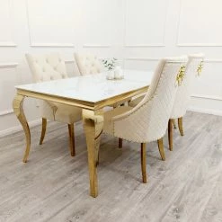 Furnish Louis Dining Table Frame Gold + Majestic Gold Dining Chair With Lion Knocker & Quilted Back ALL DINING TABLE SET