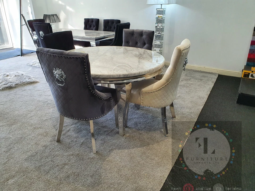 FIL Ashley Round Marble Dining Table + Majestic Velvet Dining Chair ALL DINING TABLE SET