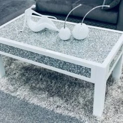 ASR INTERIOR MIRRORED FURNITURE Crushed Diamond Mirrored Coffee Table White