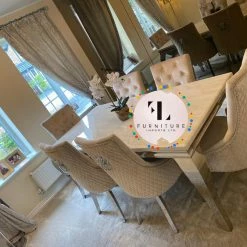 Furniture Imports LTD Chelsea Cream Dining Table Set + Majestic Cream Lion Knockerback Dining Chairs