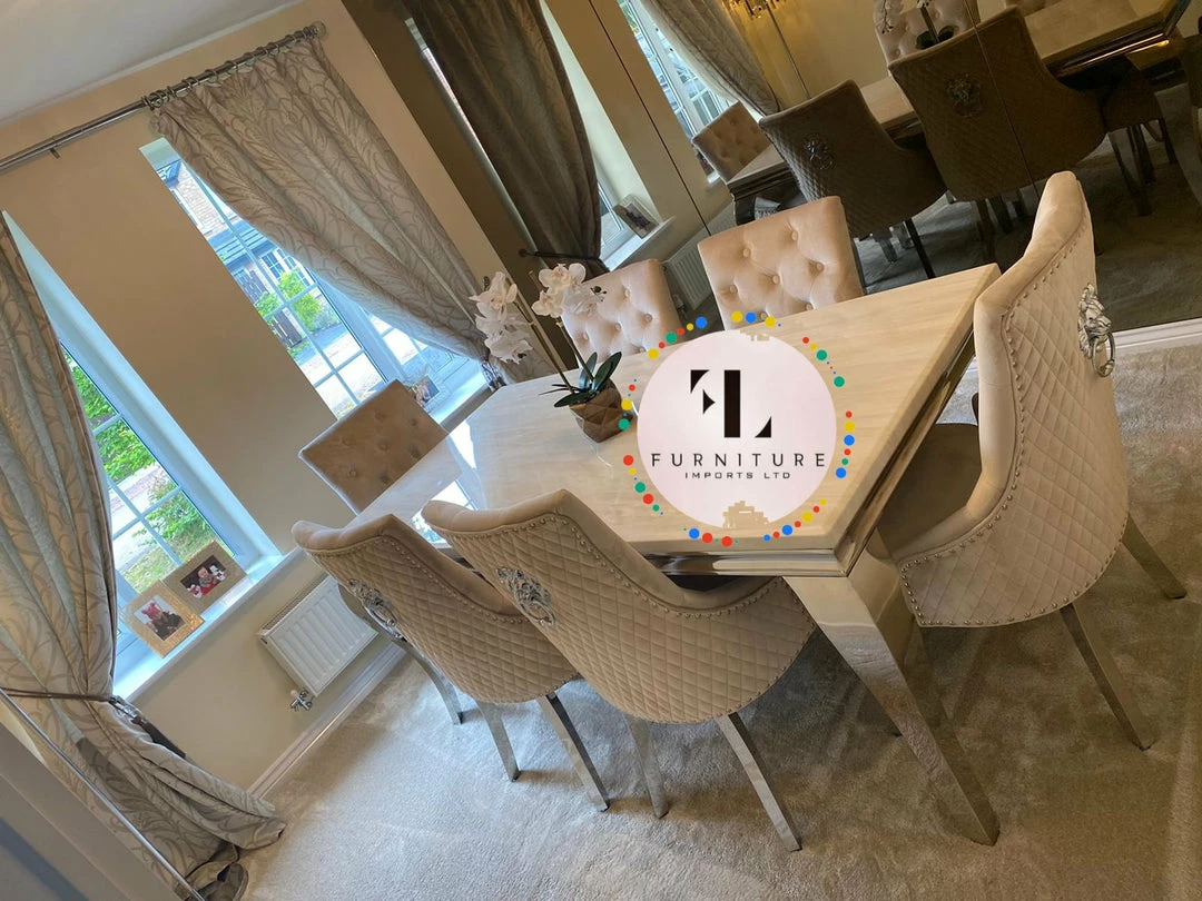 Furniture Imports LTD Chelsea Cream Dining Table Set + Majestic Cream Lion Knockerback Dining Chairs