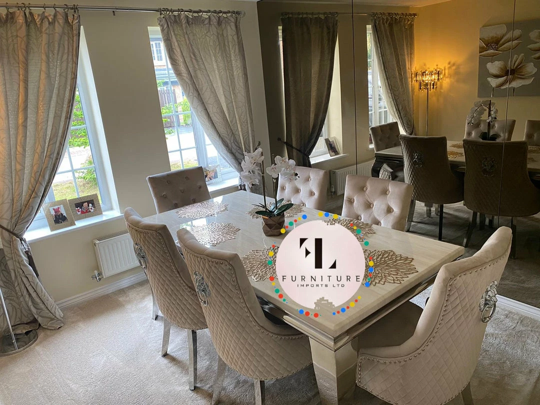 Furniture Imports LTD Chelsea Cream Dining Table Set + Majestic Cream Lion Knockerback Dining Chairs