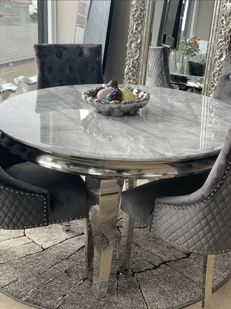 FIL Ashley Round Marble Dining Table + Majestic Velvet Dining Chair ALL DINING TABLE SET
