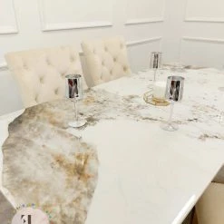 Furnish ALL DINING TABLE SET Lucien 1.8m Pandora Gold Sintered Stone Top & Sienna Leather Chairs