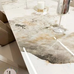 Furnish ALL DINING TABLE SET Lucien 1.8m Pandora Gold Sintered Stone Top & Astra Leather Chairs