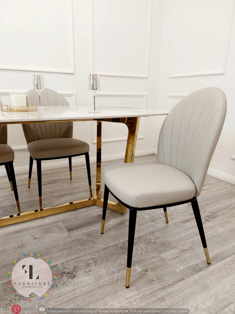 Furnish ALL DINING TABLE SET Lucien 1.8m Pandora Gold Sintered Stone Top & Sienna Leather Chairs