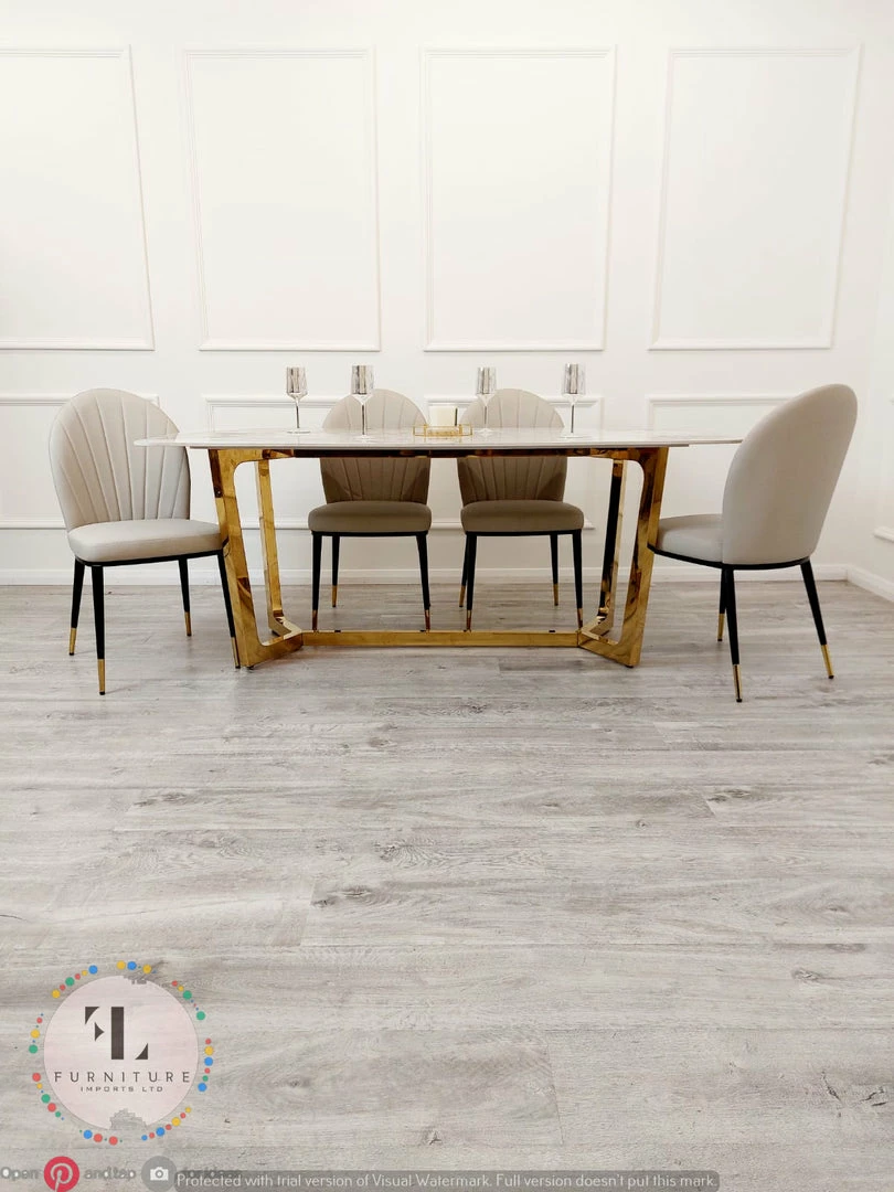 Furnish ALL DINING TABLE SET Lucien 1.8m Pandora Gold Sintered Stone Top & Sienna Leather Chairs