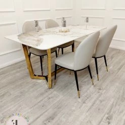 Furnish ALL DINING TABLE SET Lucien 1.8m Pandora Gold Sintered Stone Top & Sienna Leather Chairs