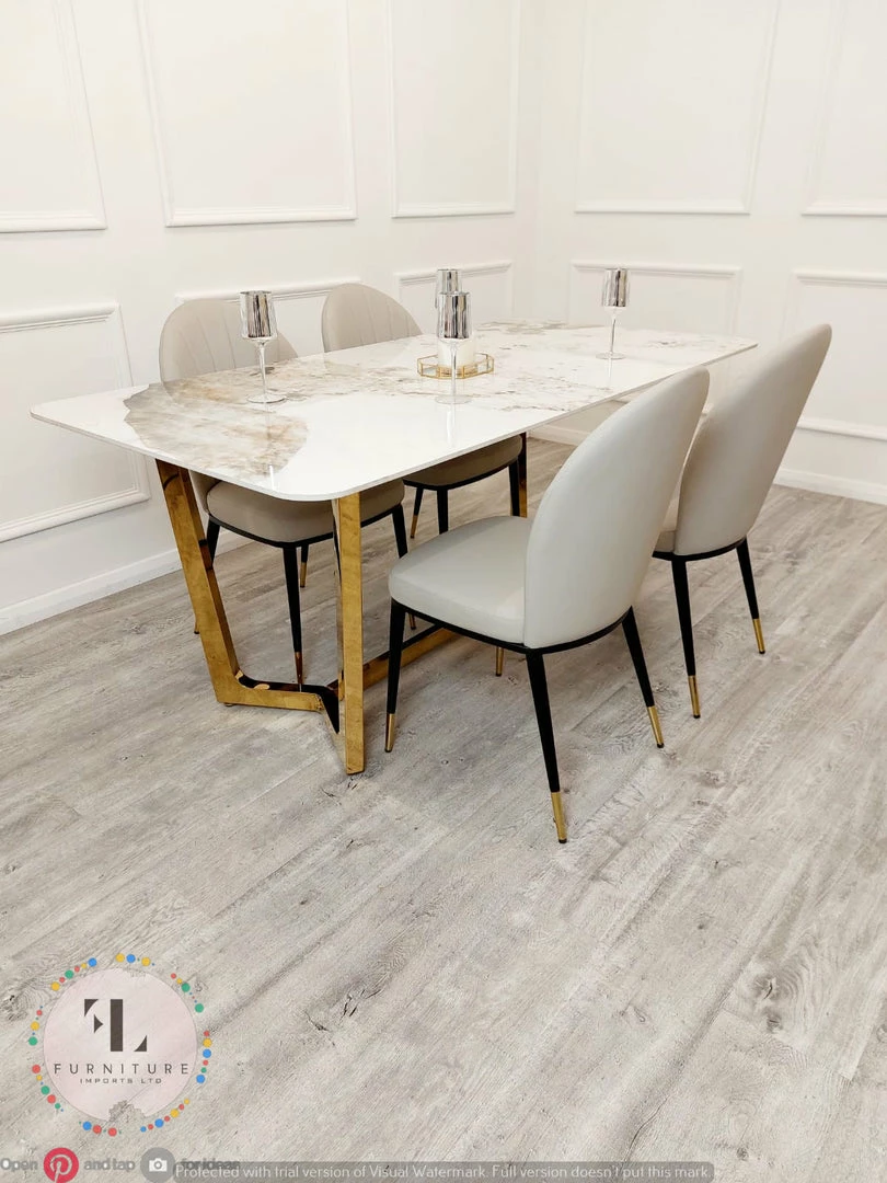 Furnish ALL DINING TABLE SET Lucien 1.8m Pandora Gold Sintered Stone Top & Sienna Leather Chairs