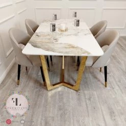 Furnish ALL DINING TABLE SET Lucien 1.8m Pandora Gold Sintered Stone Top & Astra Leather Chairs