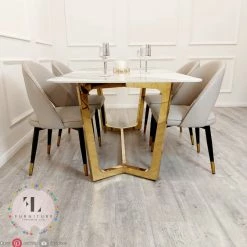 Furnish ALL DINING TABLE SET Lucien 1.8m Pandora Gold Sintered Stone Top & Astra Leather Chairs
