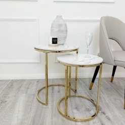 Furnish Cato Nest Of Tables White Marble & Gold Frame