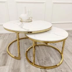 Furnish Cato Nest Of Coffee Table White Marble & Gold Frame