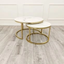 Furnish Cato Nest Of Coffee Table White Marble & Gold Frame