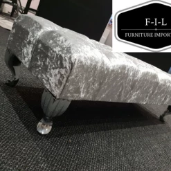 Furniture Imports LTD Crushed Velvet Chesterfield FootStool With CRYSTAL DIAMONDS Pouffe Footstool Living Room Footstool