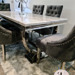 Furniture Imports LTD ALL DINING TABLE SET Arianna Mirrored Grey Marble Effect Dining Table Set + Majestic Chairs